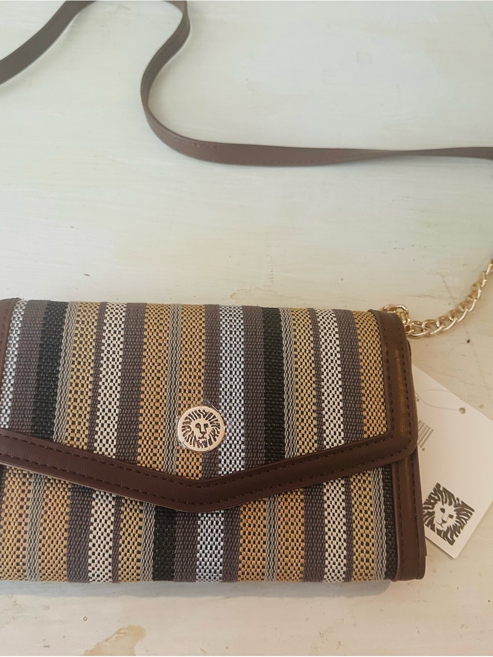 Anne Klein Striped Brown Tan Cream Crossbody Wallet